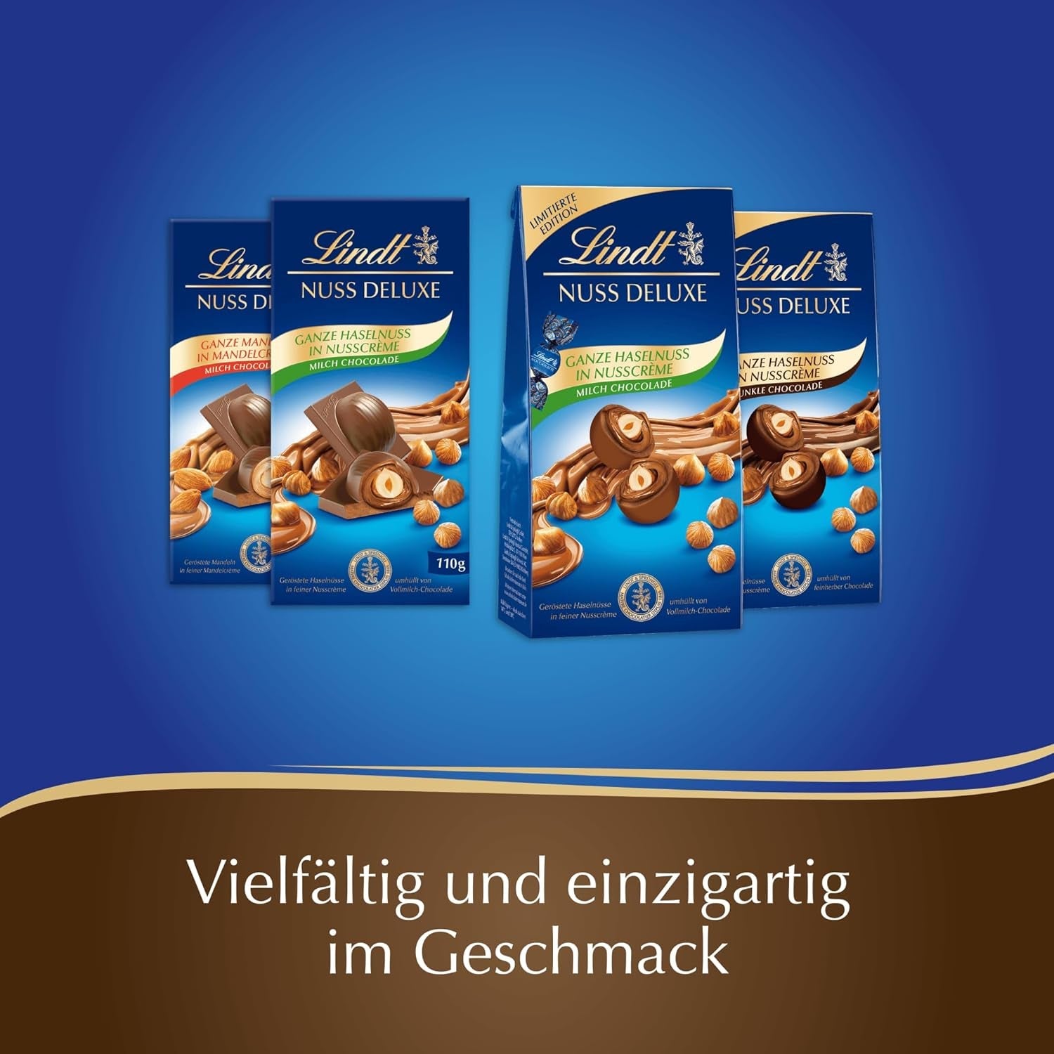 Chocolat Lindt | NUT DELUXE Barre de chocolat au lait et aux amandes | 110g | Chocolat au lait aux amandes grillées dans une crème d'amande onctueuse | Barre de chocolat