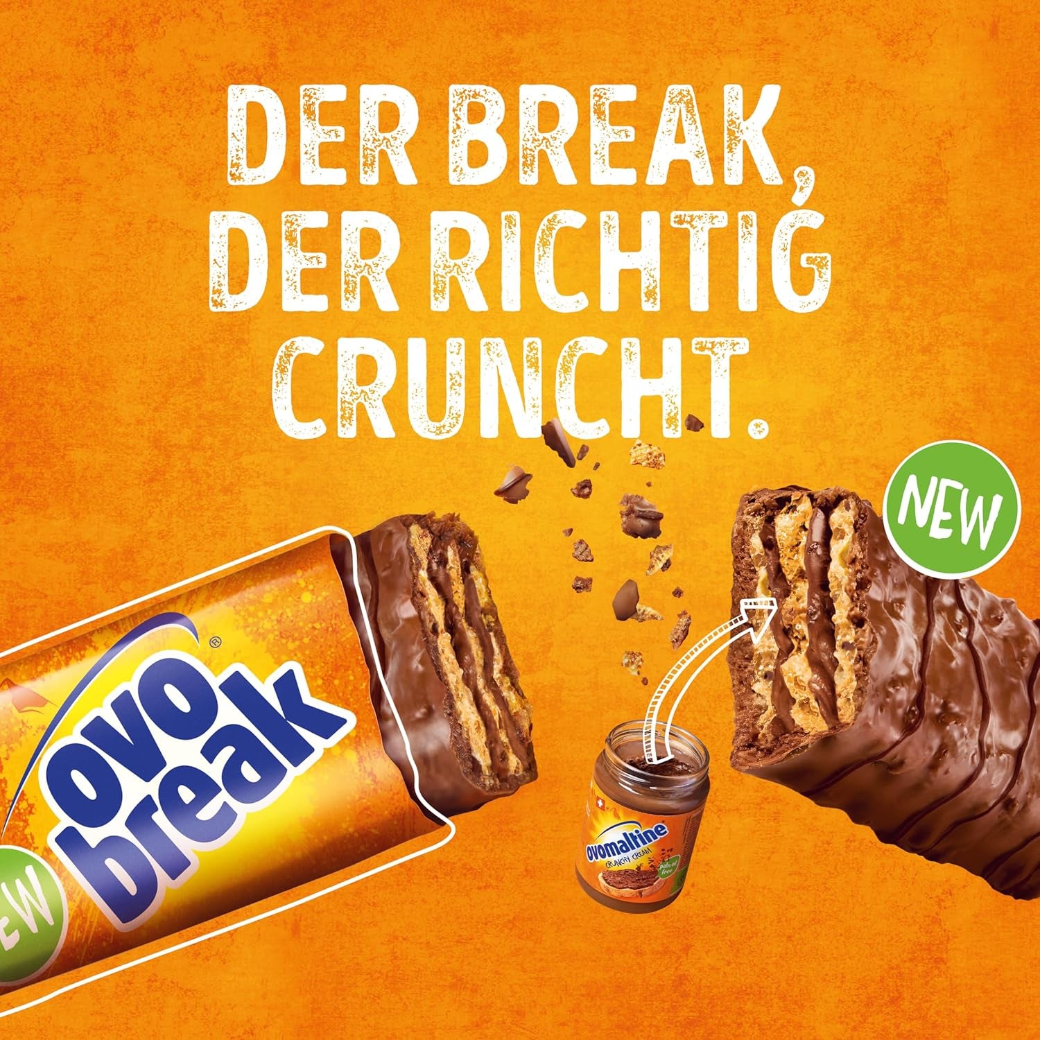 Ovomaltine OVO BREAK Gaufrette et Barre de Chocolat - une collation croustillante au goût incomparable de notre populaire Crème Crocante, naturellement sans huile de palme (4 x 39g)