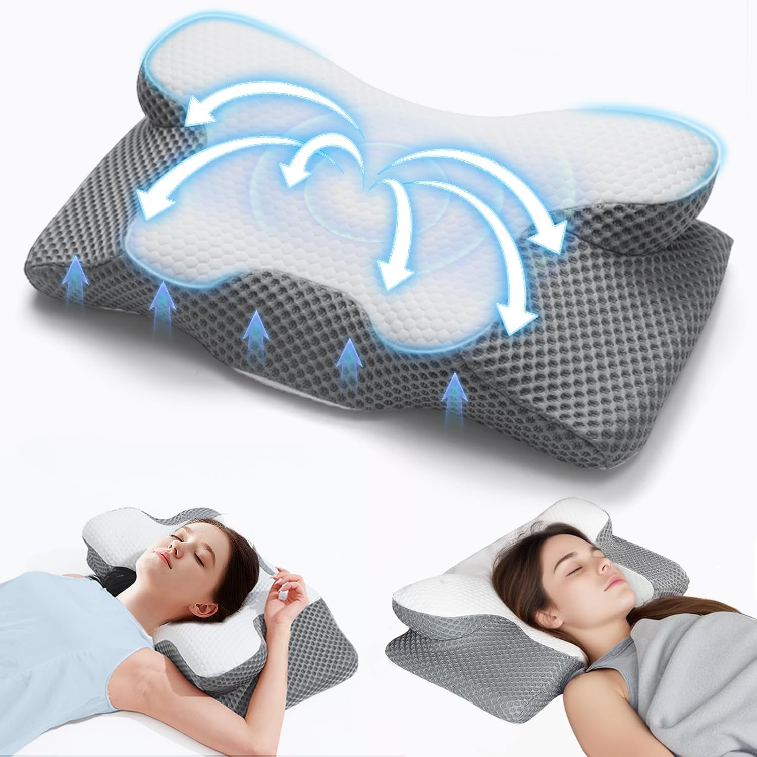 Oreiller cervical 2 en 1, oreiller en mousse à mémoire de forme, oreiller orthopédique ergonomique, 2 hauteurs de couchage, oreiller de soutien du cou pour soutien latéral/dos/ventre Oreillers orthopédiques cervicaux Naty Shop Gris