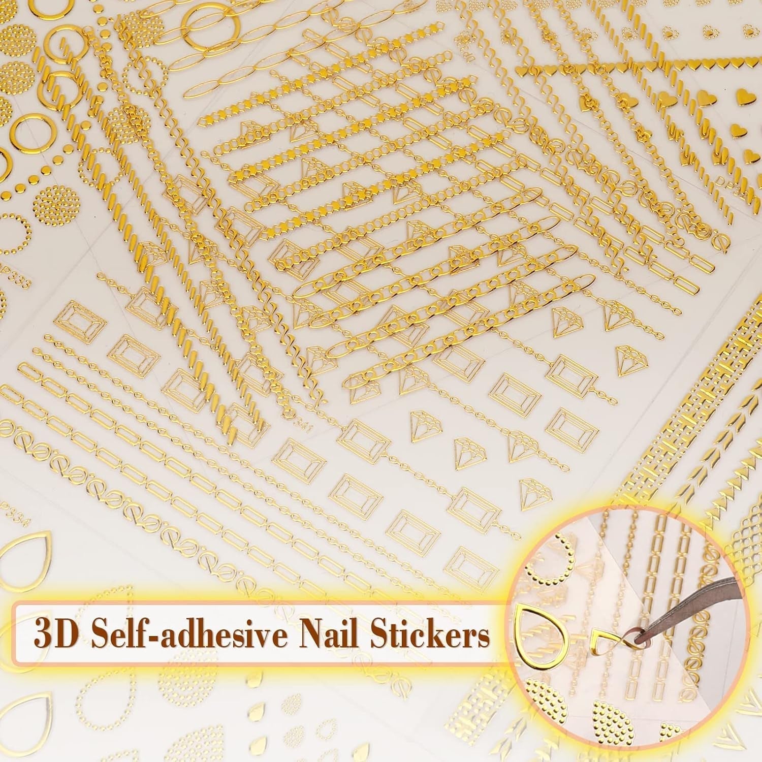 MWOOT 10 feuilles d'autocollants dorés pour ongles, autocollants pour nail art, autocollants 3D pour ongles, ensemble de bandes de lignes, décoration métallique DIY