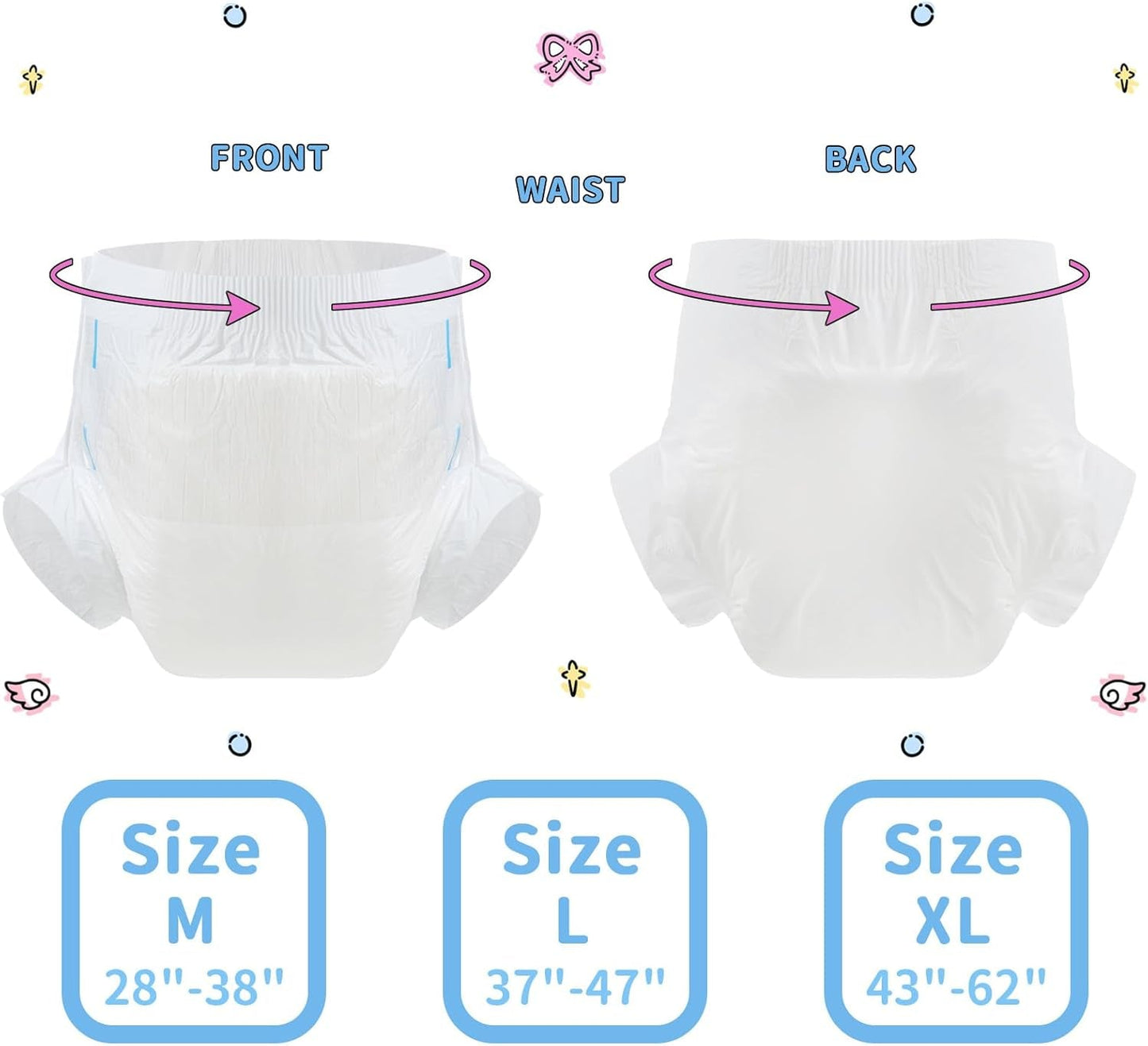 CutiePlusU Couches pour adultes, surface sèche, absorption maximale pendant la nuit, couches jetables pour incontinence – bleu, rose, blanc, lot de 3 (moyen 71-96 cm)