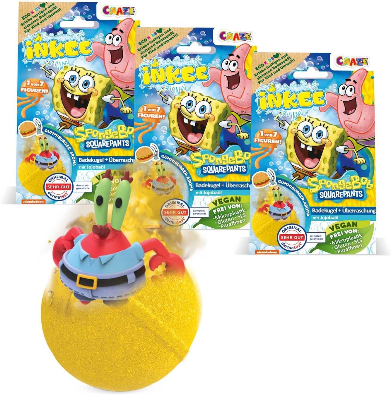 INKEE Bob l'éponge Surprise Bombe de bain pour enfants Bob l'éponge à collectionner 80 grammes Naty Shop Lot de 3 bombes de bain Bob l'éponge surprise