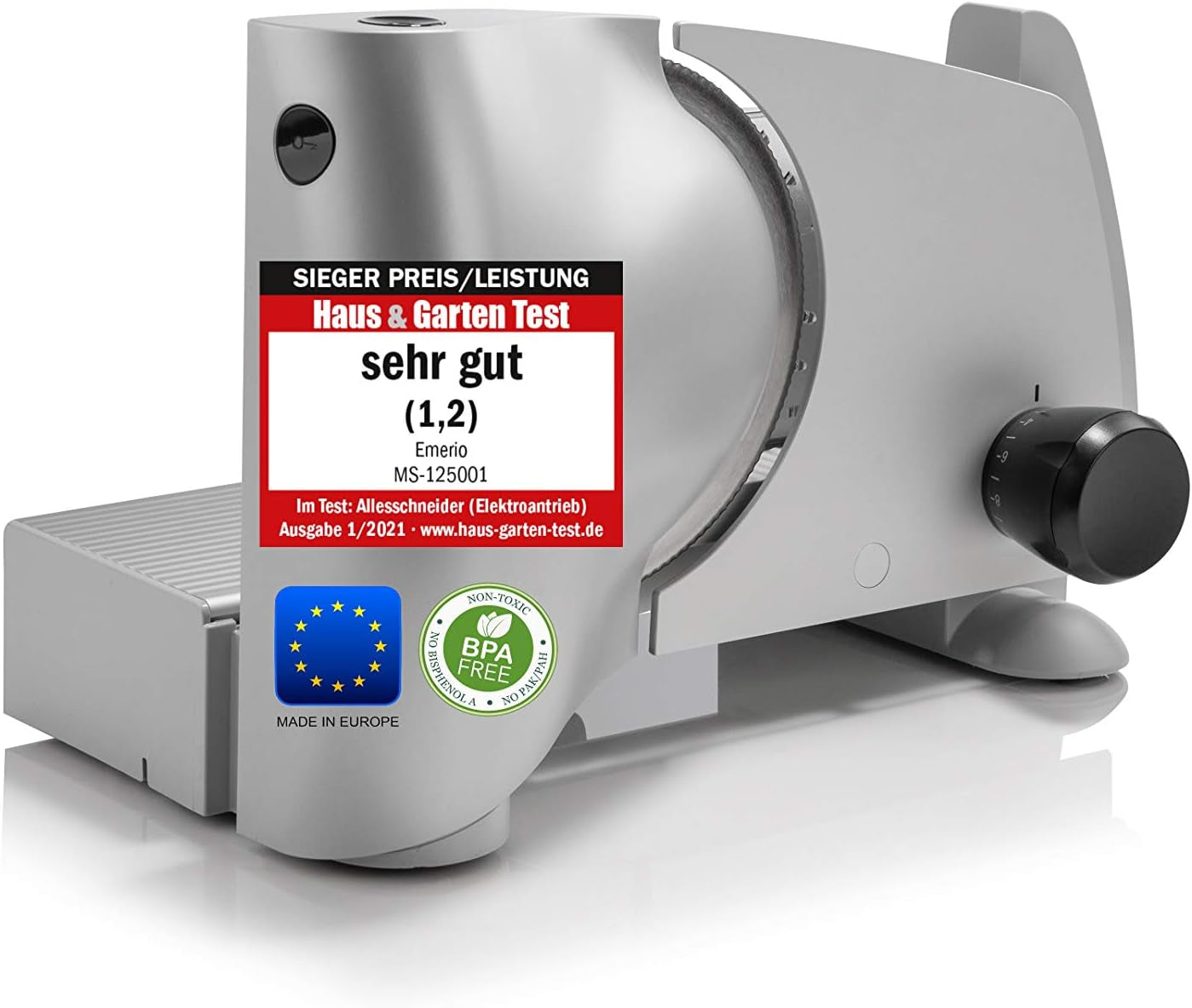 Trancheuse tout usage Emerio "Made in EU" MS-125000, lame en acier inoxydable fabriquée en Allemagne, réglable 0-17 mm, 100 W Naty Shop Trancheuses simples et trancheuses Argent