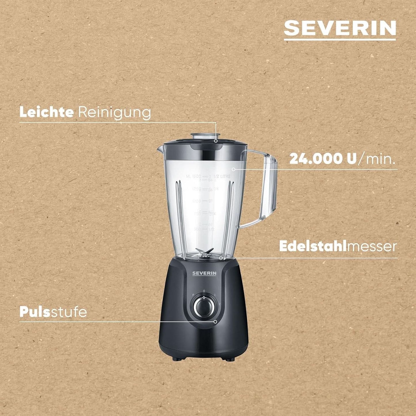SEVERIN Batteur sur socle avec 1,5 L Mixbehälter Aus Tritan, Mixer Mit 2 Stufen Und Pulse-Funktion, Leistungsstarker Küchenmixer Mit Edelstahlmesser, 600 W, Schwarz, SM 3707 Kitchen Naty Shop