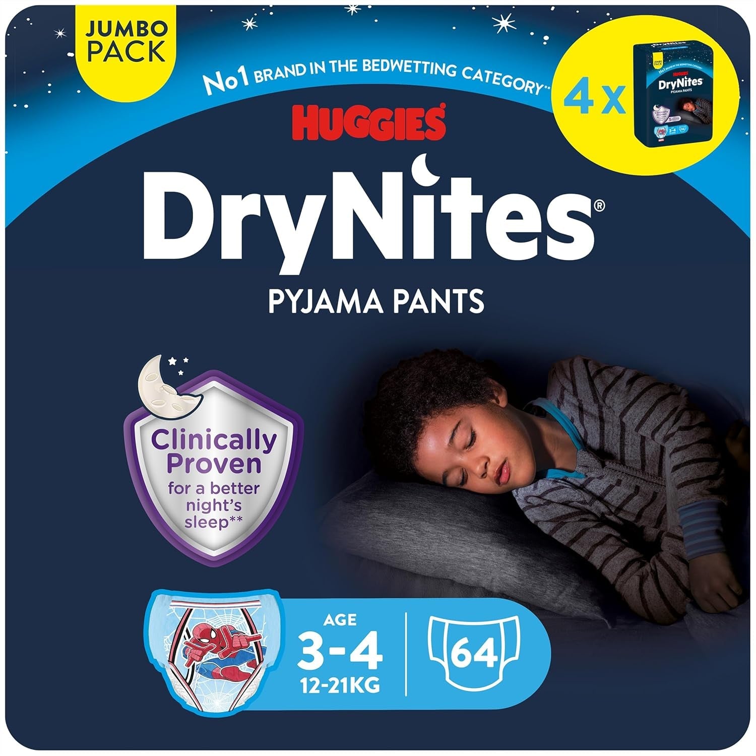 DryNites Couches absorbantes pour énurésie nocturne pour garçons de 4 à 7 ans (17 à 30 kg), paquet mensuel géant, 64 unités