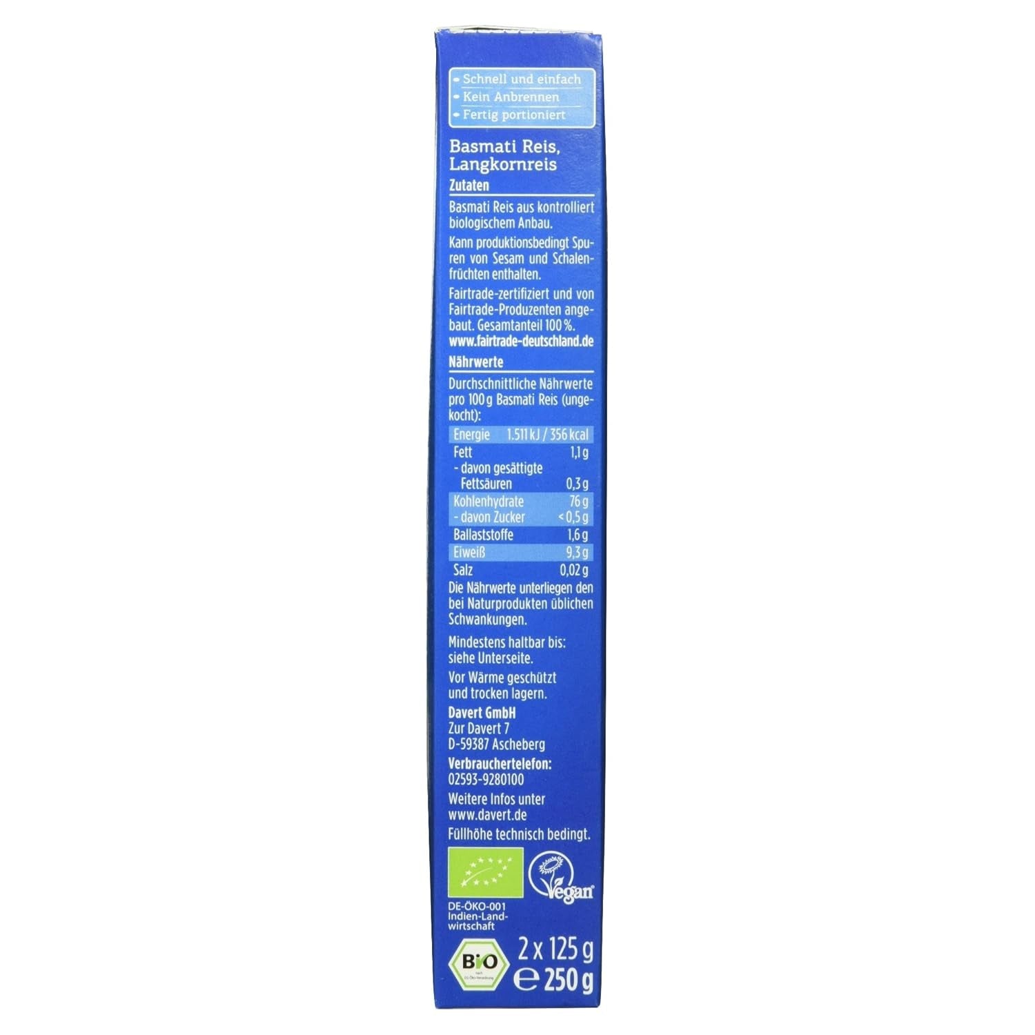 Riz Basmati bio Davert en sachets cuisson, 2 sachets, 250g