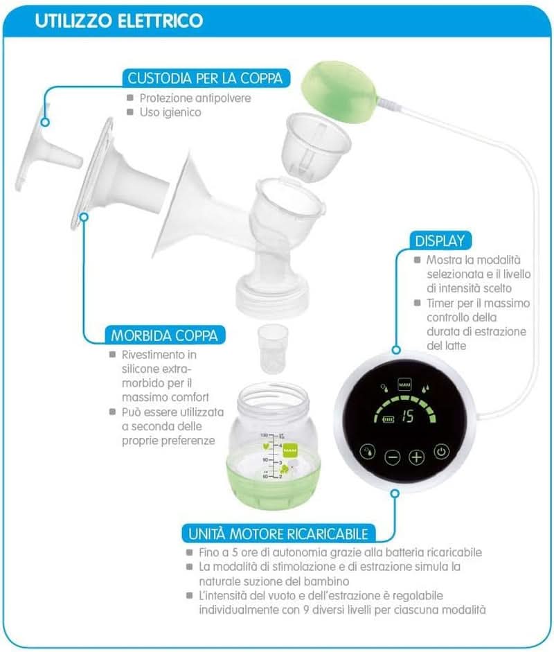 MAM Tire-lait électrique et manuel 2 en 1, avec 9 niveaux de stimulation, contient 2 biberons, démarrage facile, vert Accessoires Alimentation et Allaitement Bebe Naty Shop