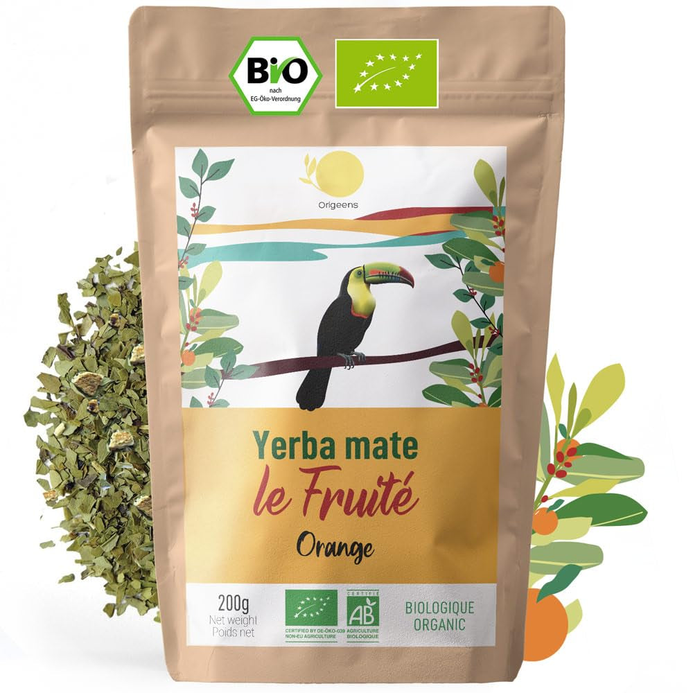 ORIGEENS BIO YERBA MATE aux oranges 200 G - Thé fruité I Thé Yerba Mate bio non torréfié, sans tiges ni poussière I Boisson énergisante et détoxifiante