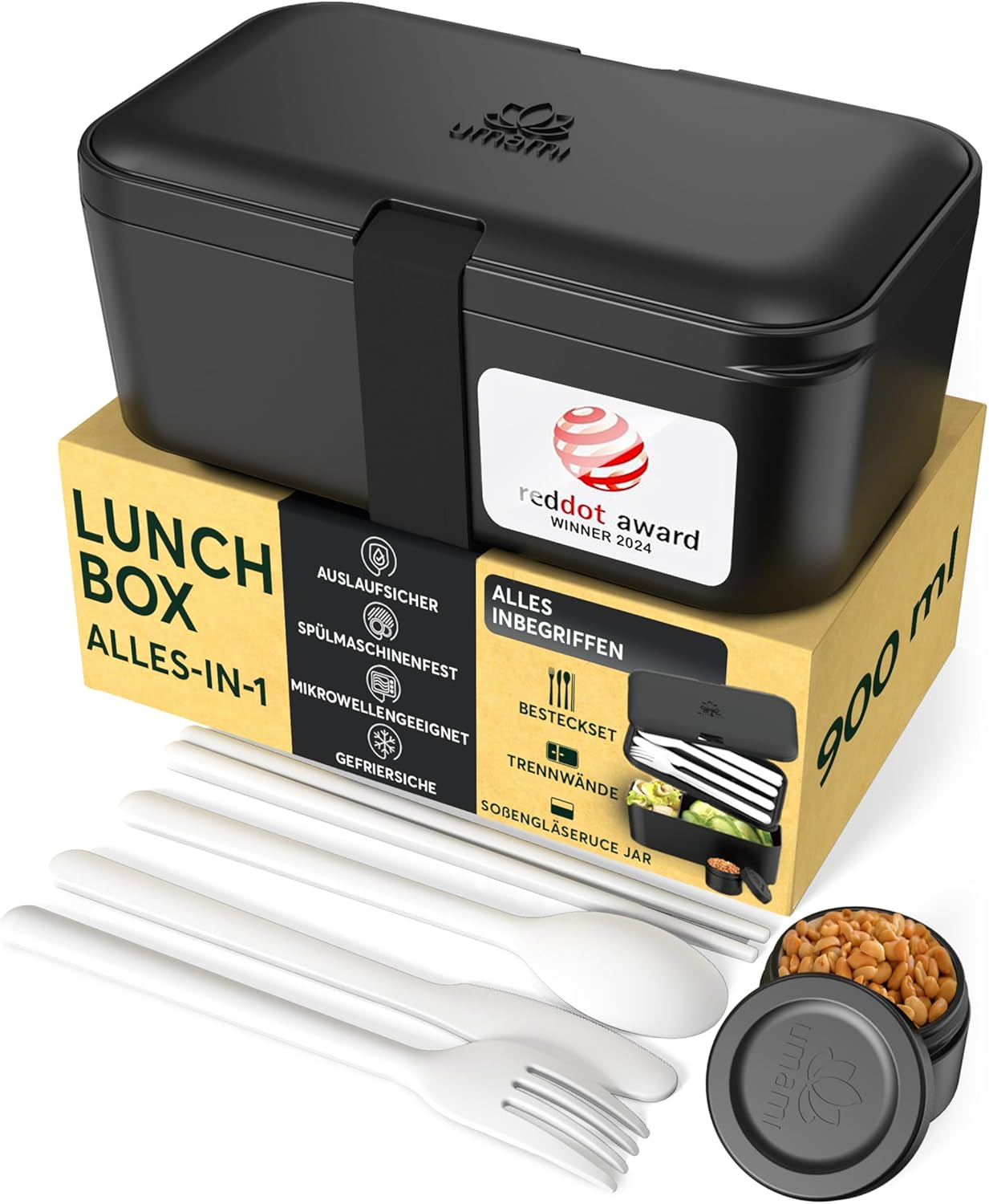 Boîte à lunch Umami pour adultes, boîte à bento empilable avec 4 couverts et compartiments, boîte à lunch adulte, récipient à salade à emporter, boîte à lunch pique-nique/bureau, gris anthracite, 1500 ml Naty Shop Onyx Black Boîtes de conservation alimentaire - 900 ml M - 900/1000 ml