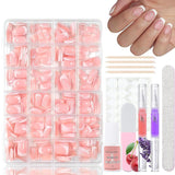 Ensemble de faux ongles ballerine dégradé 360 pièces, ongles artificiels à coller dégradé blanc rose avec 2 stylos à huile pour ongles, faux ongles moyens ombrés pour femmes à faire soi-même