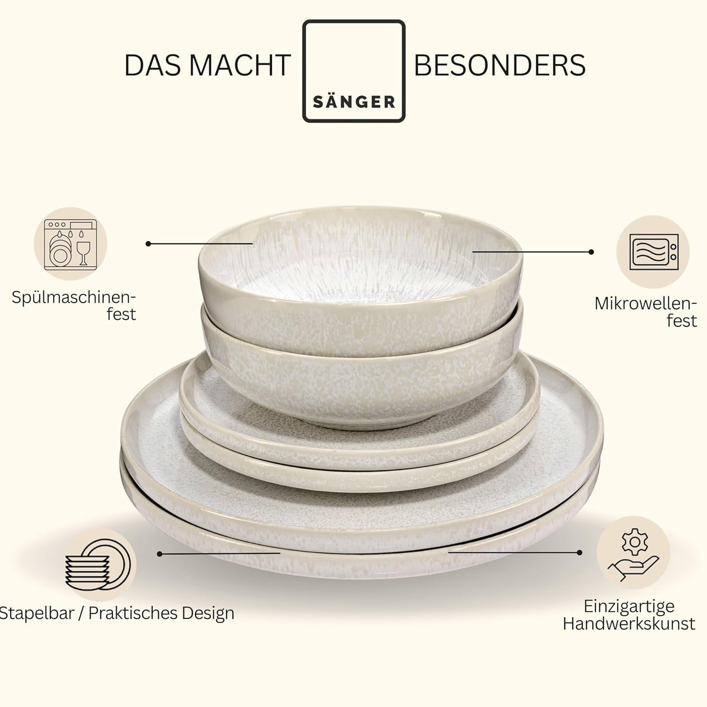SANGER | Service de table Corfou 24 pièces, service de table pour 8 personnes, service de table en céramique fait à la main, comprenant assiettes à dîner, assiettes à dessert et assiettes Suma, vaisselle crème avec texture sable