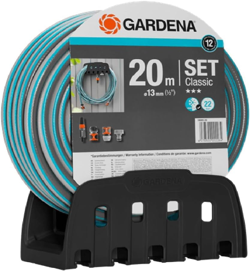 Enrouleur de tuyau mural Gardena Classic 60 avec enrouleur de guidage de tuyau : Pour un montage mural facile, avec système anti-goutte, raccord coudé, grande capacité, gain de place (2650-88)
