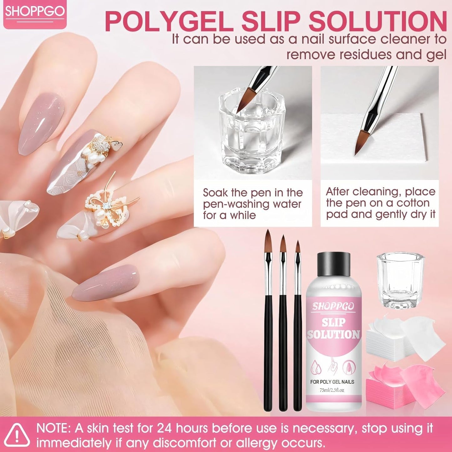 Solution de lissage Polygel, kit de solution de glissement Polygel, solution de lissage 75 ml, comprend 5 pinces à ongles, 3 brosses à ongles, 1 tasse en cristal, 100 feuilles de nettoyage