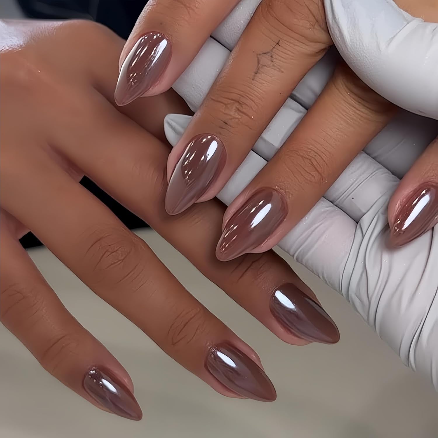 Ongles Chromés Autocollants - Colle Pailletée Brun Amande Moyen Sur Les Ongles Faux Ongles Pailletés Colle Sur Ongles Artificiels Ongles Acryliques Vernis Pour Femme 24 Pièces