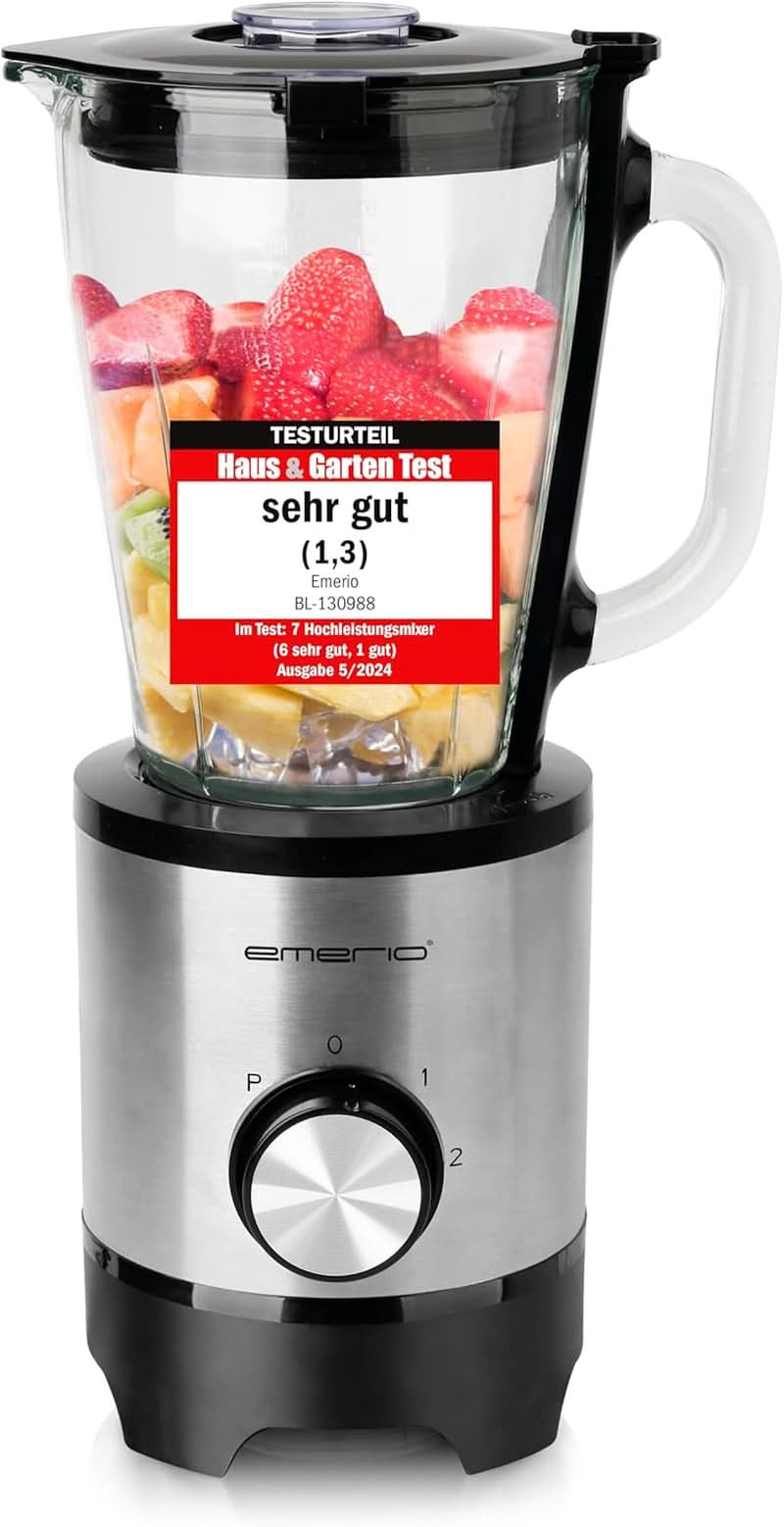 Emerio Batteur sur socle sans BPA Fonction glace pilée 1,5 L 2 vitesses + fonction impulsion Messereinheit aus Edelstahl Sicherheitsschalter Geschirrspülgeeignet 500 Watt BL-12816.8 Schwarz Bucatarie Naty Shop Silber
