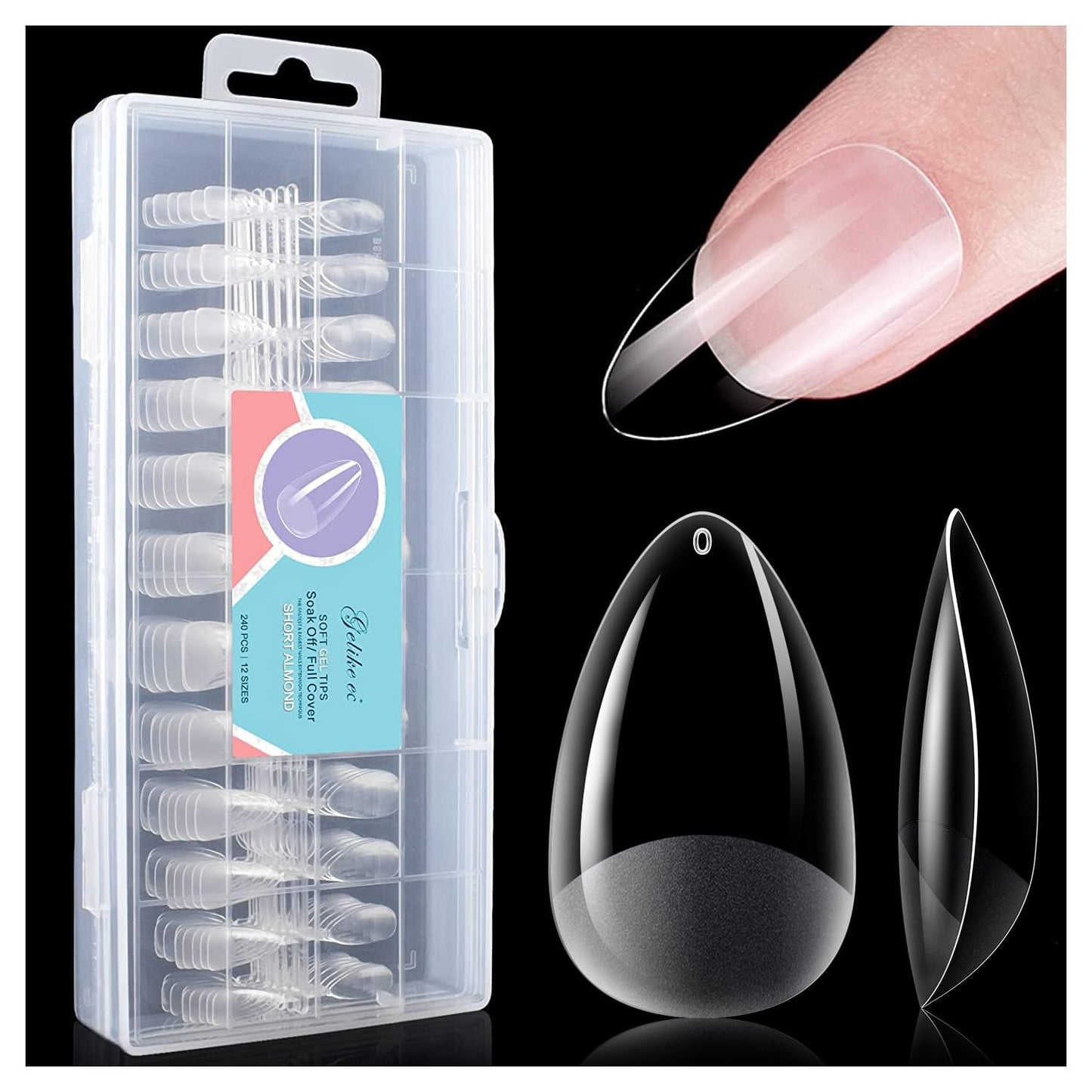 Gelike Ec Ongles courts en amande – Ongles souples à couverture complète, ongles artificiels pré-polis pour extensions d'ongles, studio de manucure à domicile, salon de bricolage, 120 pièces, 12 tailles