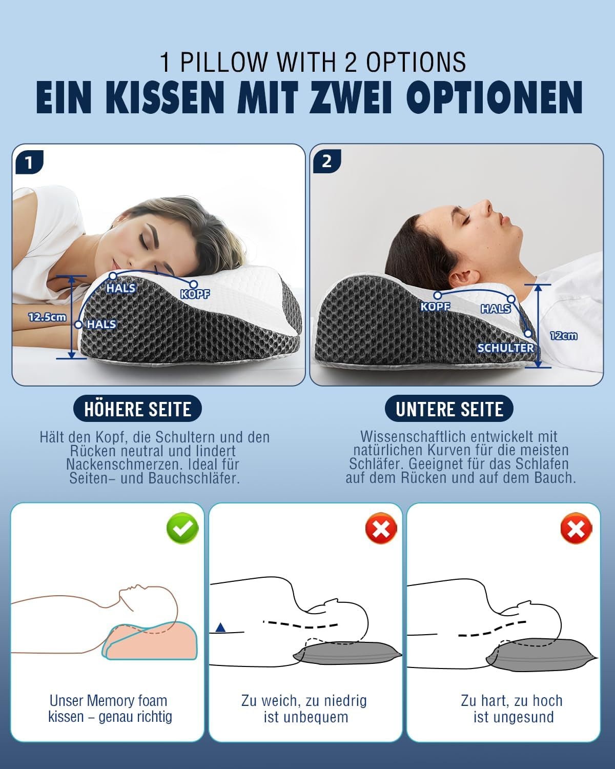 Oreiller cervical Oreiller orthopédique pour douleurs cervicales Oreiller en mousse à mémoire de forme Oreiller ergonomique pour un soutien optimal Oreiller de soutien cervical pour supports latéraux du dos et abdominaux Oreillers orthopédiques cervicaux Naty Shop
