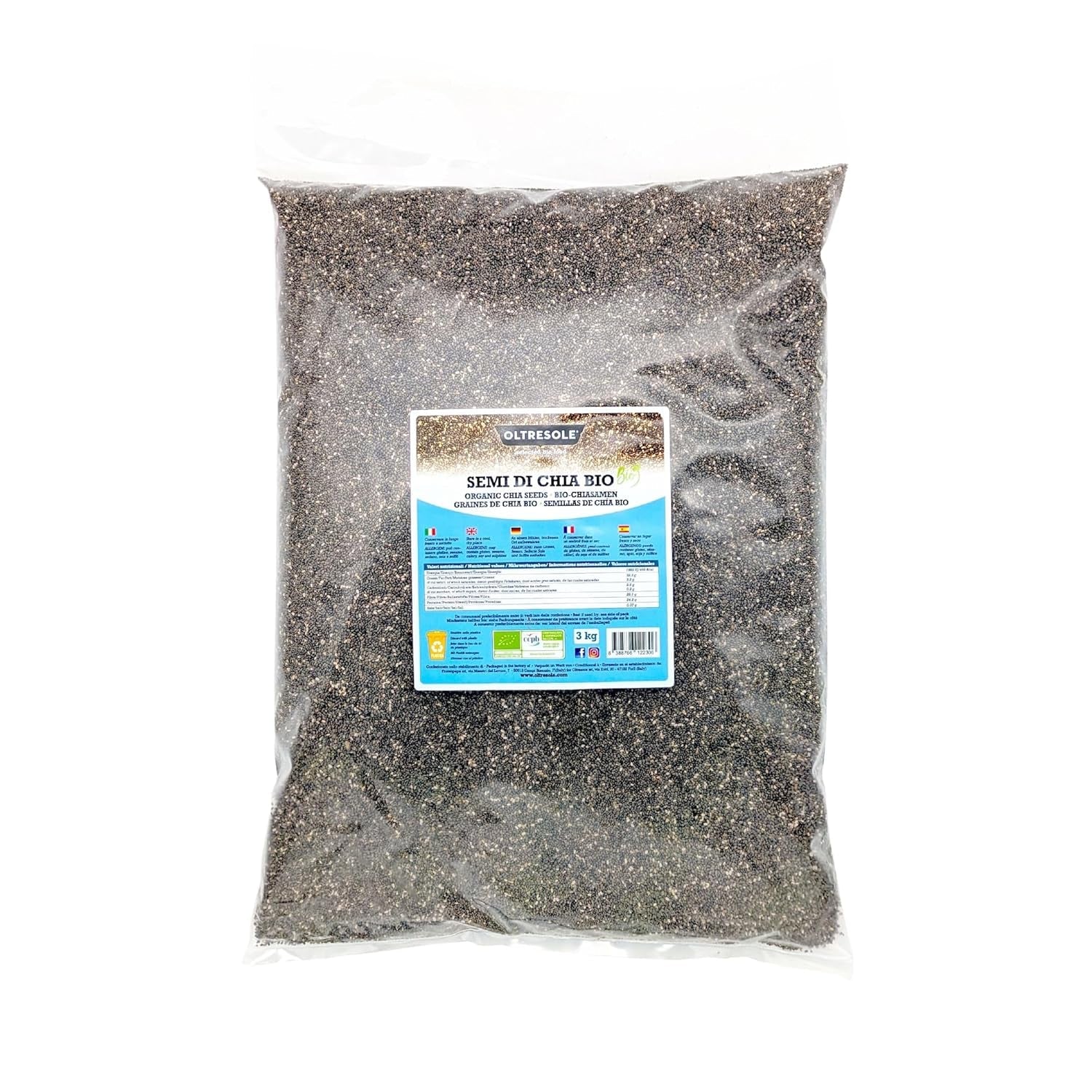 - Graines de chia bio 3 kg - Graines oléagineuses brutes bio, source de protéines et de fibres, naturellement sans gluten, idéales pour les salades ou pâtisseries enrichies, emballage pratique