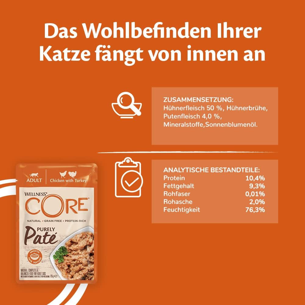Wellness CORE Purely Paté 24 x 85g, Poulet et Dinde - Nourriture humide pour chats, pâté fin, sans céréales, naturelle, hypoallergénique, riche en protéines, riche en viande