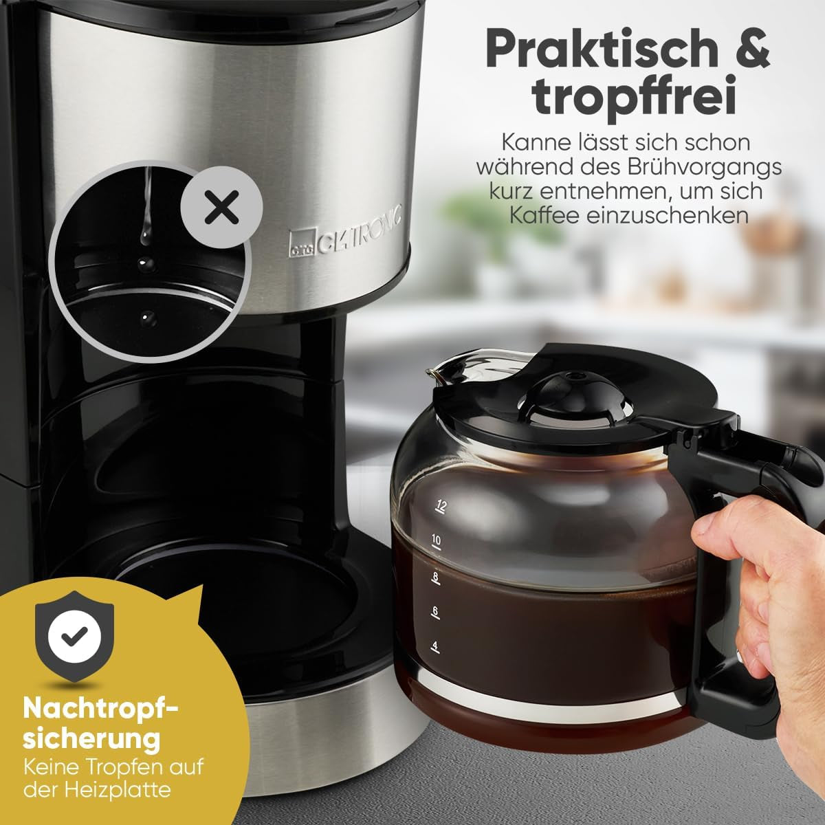 Machine à café expresso avec filtre Clatronic® | pour 12-14 tasses | Machine à café expresso avec filtre | Boîtier en acier inoxydable | Anti-goutte | Expresso | Machine à café expresso avec filtre | 800W | KA 3808