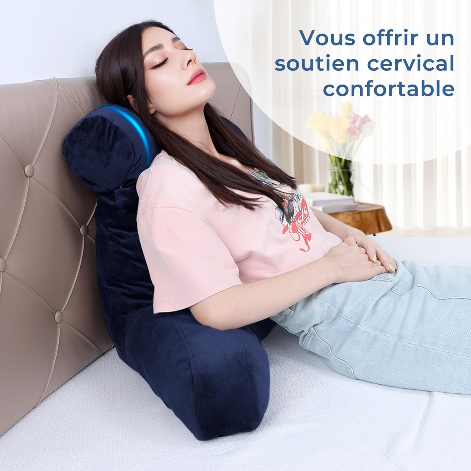 Oreiller de lecture ergonomique INFANZIA avec accoudoirs, support dorsal, bleu marine