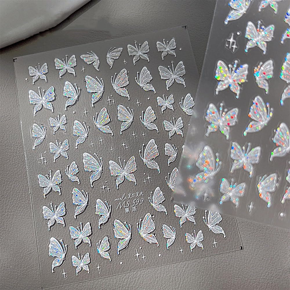 Aurora Muschel Schmetterling Nagelsticker Weiß Schmetterlinge Nail Sticker Gelee Relief Butterfly Nagelaufkleber Y2K Papillons Nagel Sticker Nägel Nageldesign Nagel Zubehör Nail Art Stickers Nailart