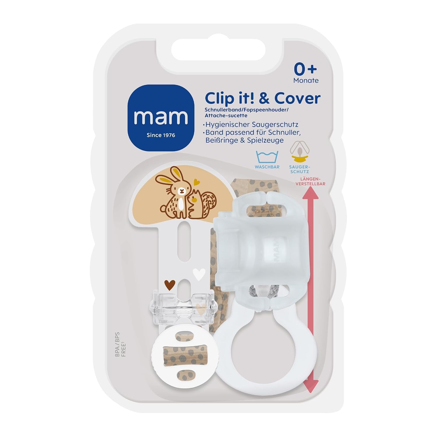 MAMAN Clip-le ! & Cover Attache-tétine avec protège-tétine, Attache-tétine réglable en longueur avec anneau amovible, Convient aux sucettes, anneaux de dentition et jouets, Lapin