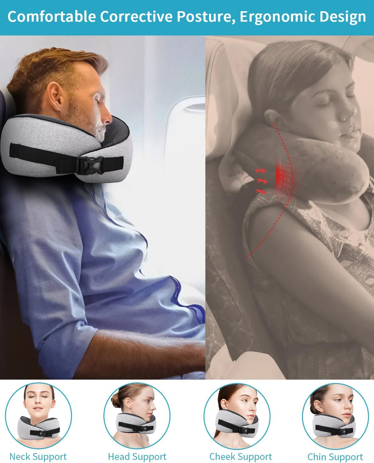 Oreiller cervical d'avion, oreiller de voyage en mousse à mémoire de forme, oreiller cervical pour adulte, oreiller d'avion réglable et lavable, oreiller de voyage ergonomique (gris) Oreillers orthopédiques cervicaux Naty Shop