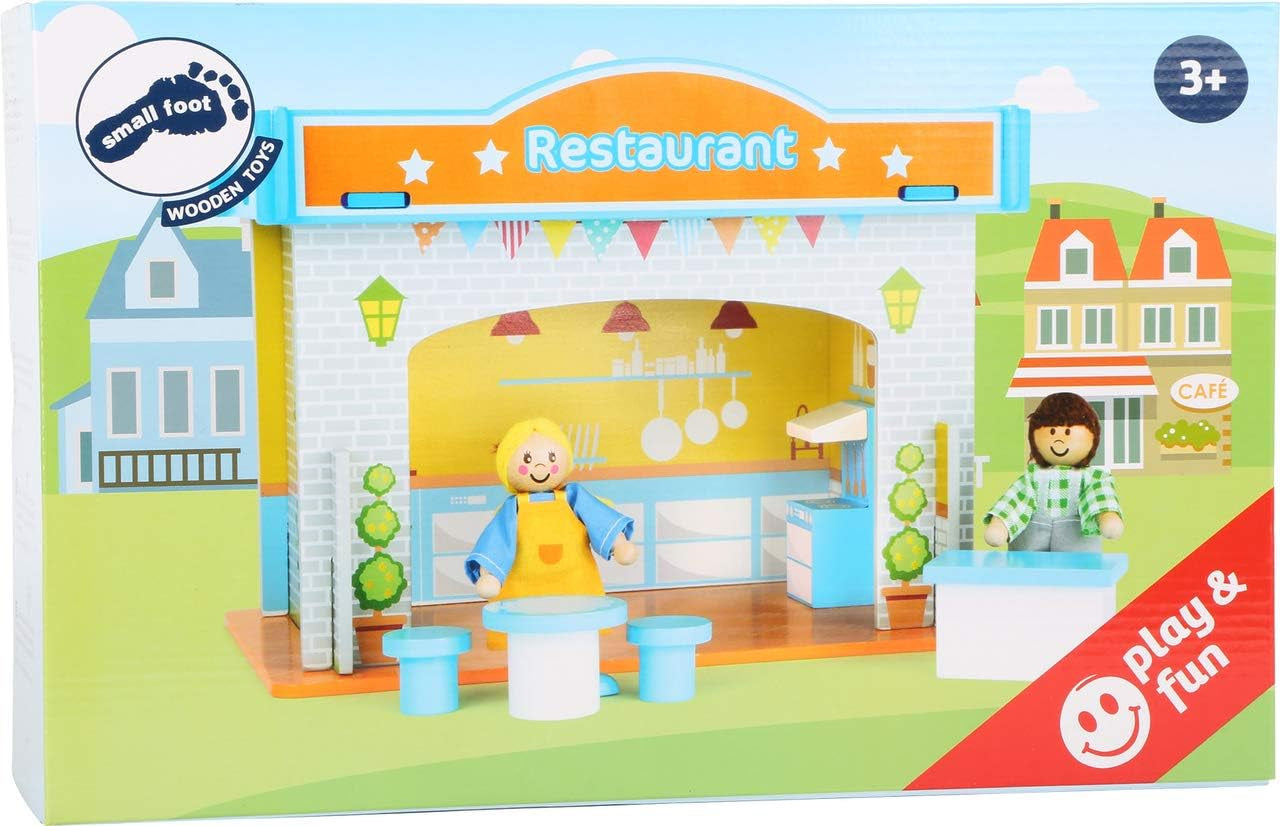 Small Foot 10852 Playhouse Restaurant En bois, Avec 2 figurines de poupée, accessoires et toit amovible, À partir de 3 ans Naty Shop Dollhouses