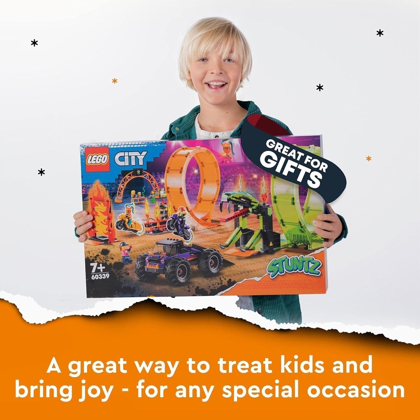 LEGO 60339 City Stuntz Ensemble de double boucle pour le spectacle de cascades, Incl. rampe, camion monstre, 2X moto et 7 figurines, jouet pour enfants à partir de 7 ans Jeux de construction Besuche den LEGO-Store