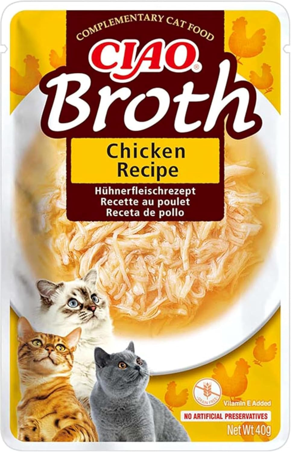 INABA Ciao Broth Nourriture humide pour chats 88% d'humidité et vitamine E, soupe premium pour chats au poulet 40g (paquet de 12), viande 100% naturelle, sans céréales, sans sucre