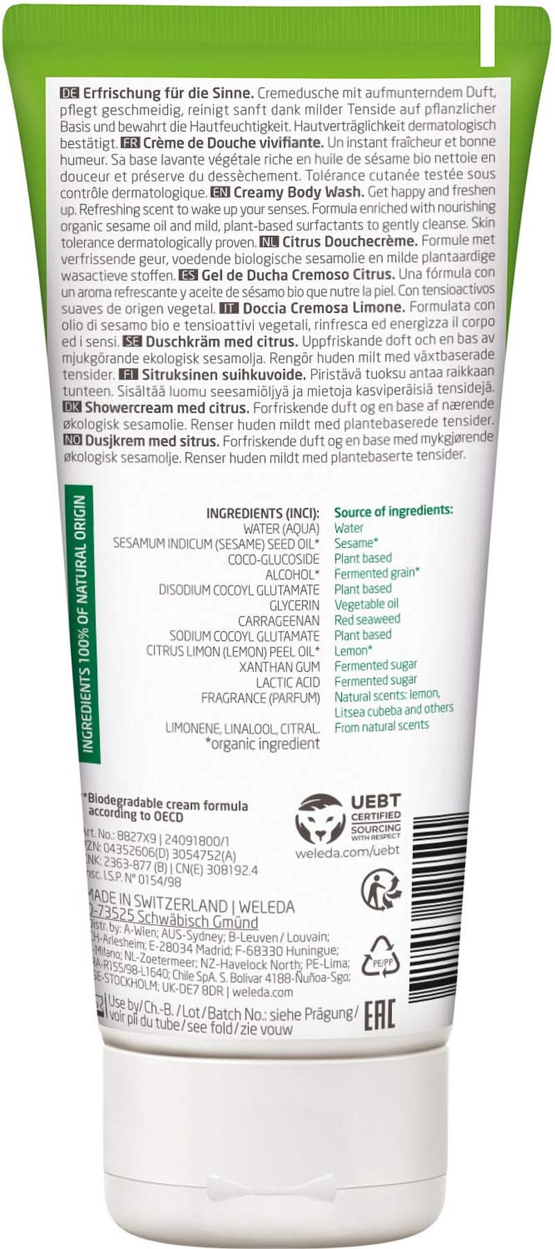 WELEDA Gel Douche Rafraîchissant Bio Vegan, gel douche mixte, goût citron/orange, 200 ml Naty Shop