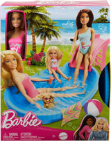 Poupée Barbie et accessoires - piscine avec toboggan et accessoires pour des heures de plaisir au soleil, maillot de bain rose au design tropical, pour les enfants à partir de 3 ans, HRJ74