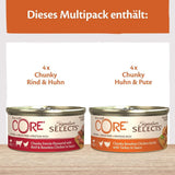 Wellness CORE Signature Selects 8 x 79g, Mélange Bœuf, Poulet et Dinde - Nourriture humide pour chats, délicieuses lanières en sauce, sans céréales, naturelle, hypoallergénique, riche en protéines, riche en viande
