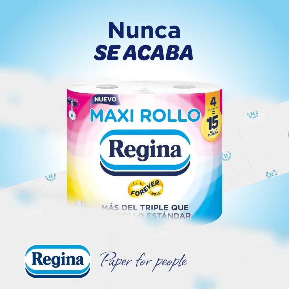 Regina Maxi Roll - 4 rouleaux de papier toilette, 500 feuilles 2 épaisseurs par rouleau, plus de trois fois un rouleau standard, emballage en plastique recyclé à 60 %, papier certifié 100 % Fsc