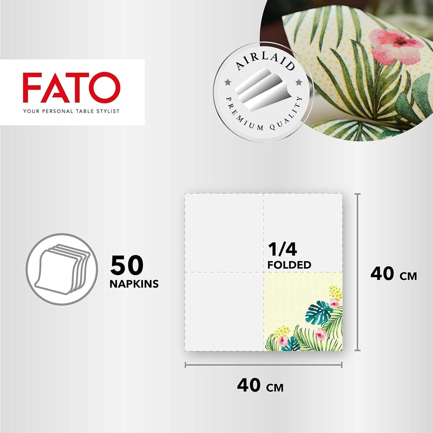 Fato - Serviettes en papier sec, airlaid, effet textile, paquet de 50 serviettes, 40X40 pliées en format 4, Tropicana Decor