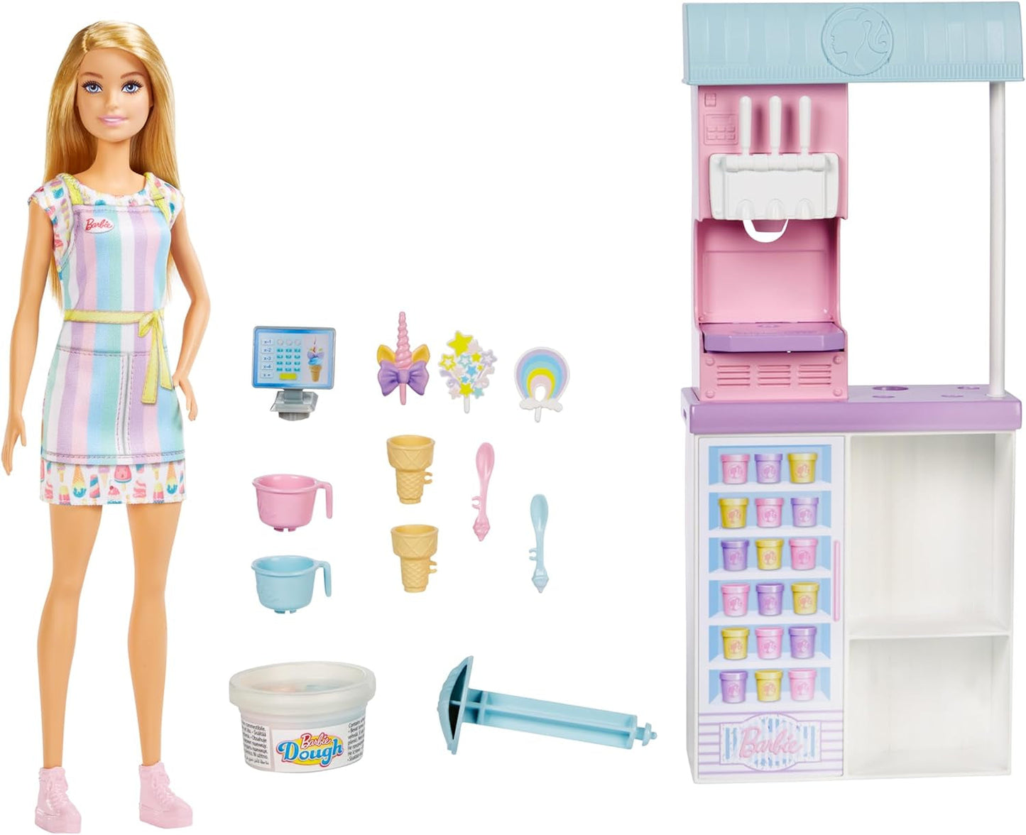 Barbie série You Can Be Anything, salon de crème glacée, 1 poupée Barbie aux cheveux blonds, machine à crème glacée, Barbie Play-Doh, accessoires de pâtisserie, cadeau pour enfants, jouet à partir de 3 ans, HCN46