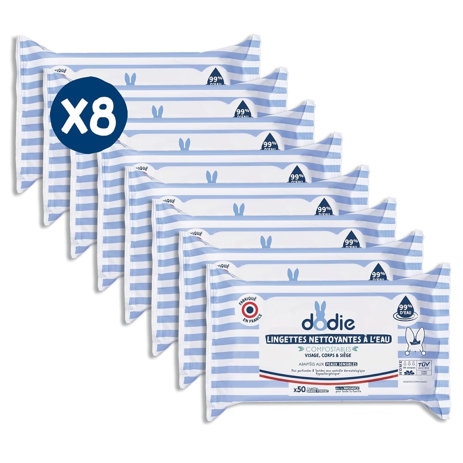 Paquet de 8 paquets de lingettes nettoyantes compostables à l'eau, 50 unités