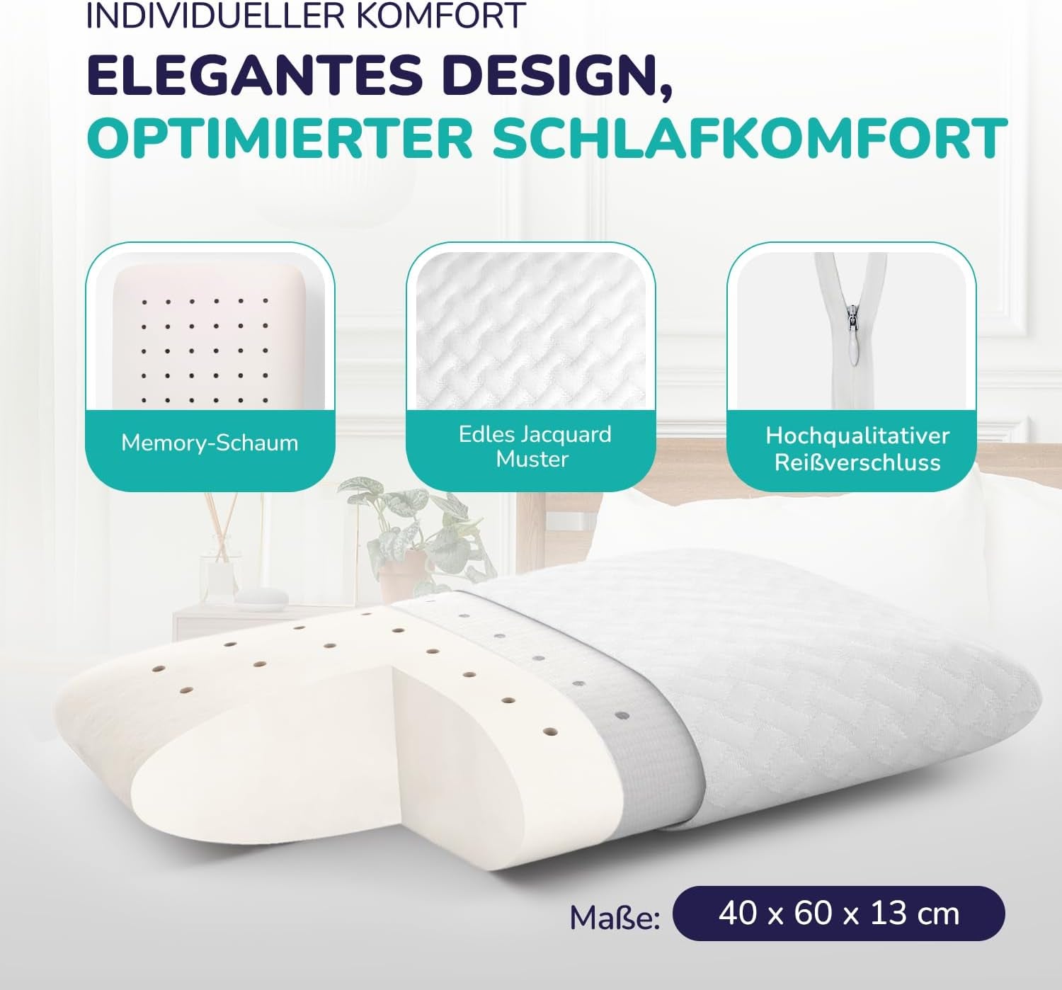 ZenPur Oreiller orthopédique cervical 40 x 60-13 cm, oreiller de tête en mousse à mémoire de forme – Oreiller de sommeil ergonomique pour le cou et les épaules, certifié Oeko-TEX