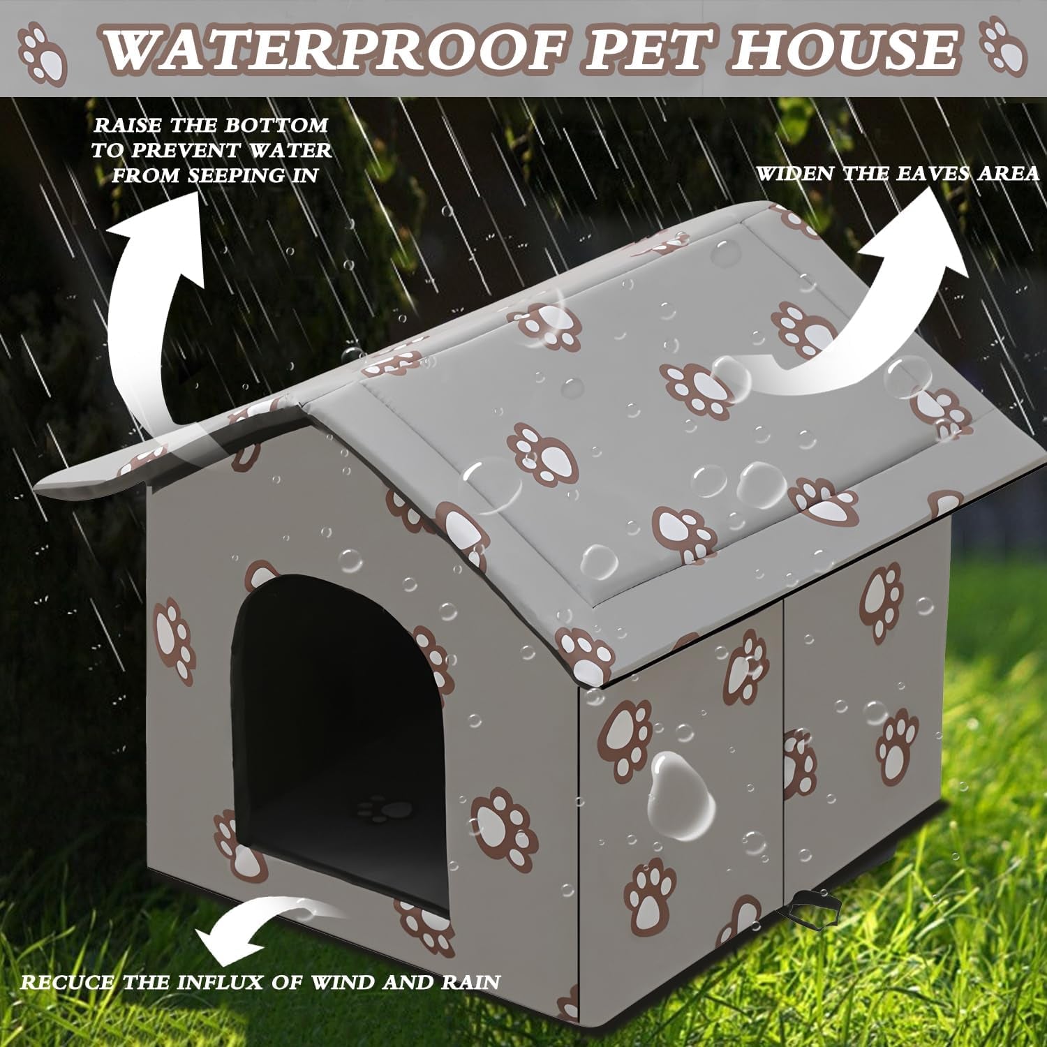 Katzenhaus für Draußen Winterfest und Wasserdicht, Faltbare Outdoor Katzenhöhle mit Abnehmbarem Kissen, Wetterfestes Tierheim für Streuner und Haustiere, Washbar und Isoliert (Graue Katzenpfote, M)