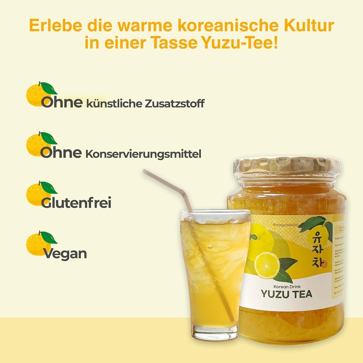 Boisson coréenne Easycookasia – Thé Yuzu | Fruité, sucré et citronné | Avec de la vitamine C | Pour le thé, la limonade, les cocktails et les desserts | Découvrez la culture asiatique du thé (500g)