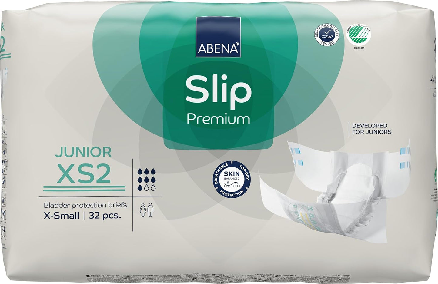 Couches antidérapantes junior de qualité supérieure, écolabellisées, protection améliorée contre les fuites, couches pour bébé sûres et confortables - taille 7/XS2, tour de taille 40-60 cm, 5-15 ans, 1 x 32 paquets