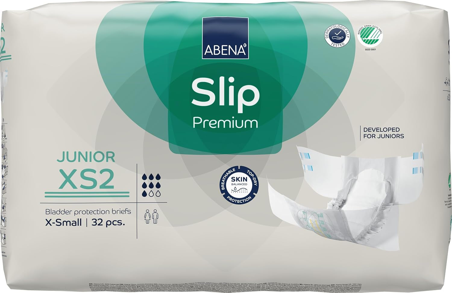 Couches antidérapantes junior de qualité supérieure, écolabellisées, protection améliorée contre les fuites, couches pour bébé sûres et confortables - taille 7/XS2, tour de taille 40-60 cm, 5-15 ans, 1 x 32 paquets