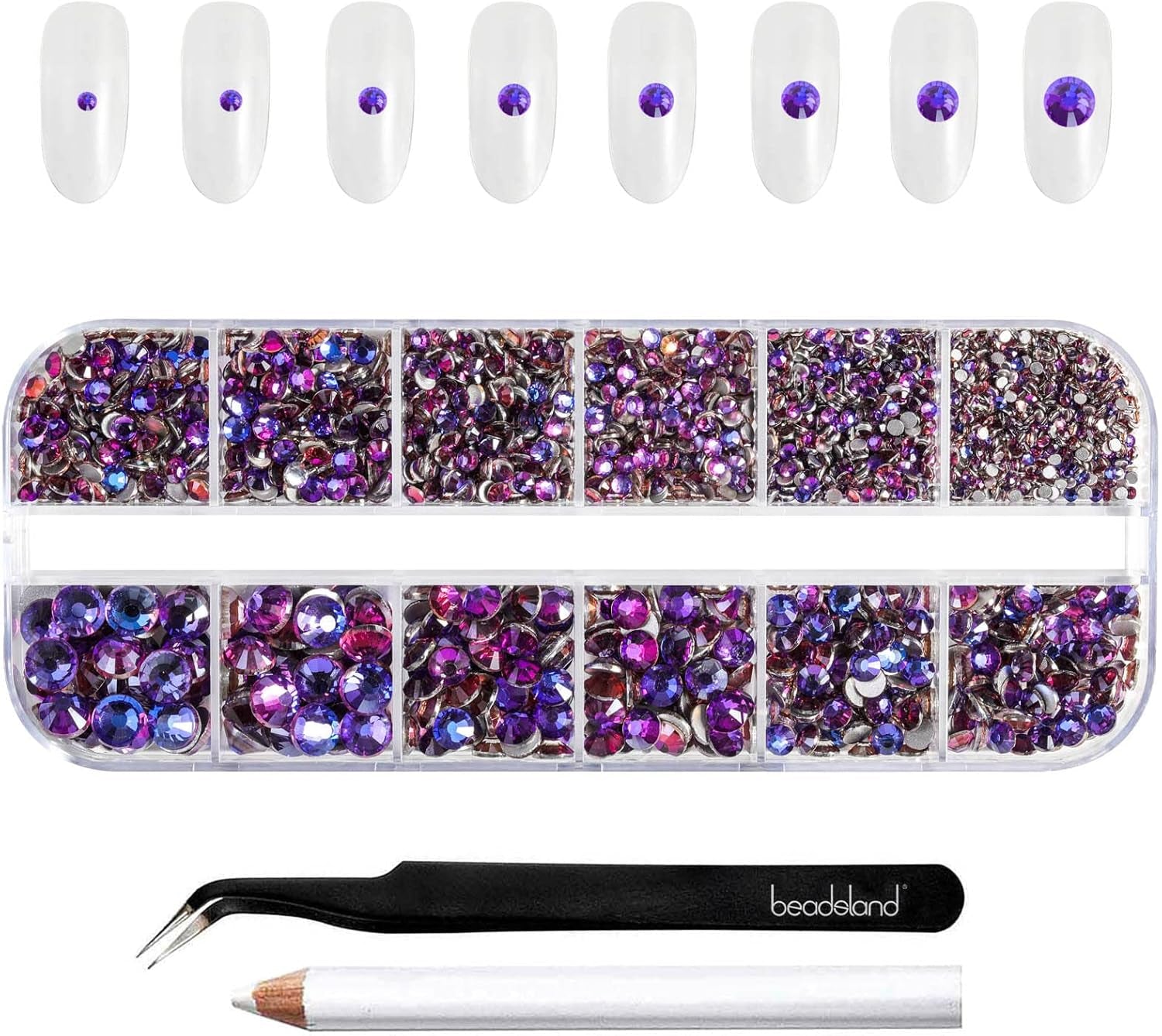 Beadland 2500Pcs Verre Nailart Strasssteine ​​​​Kristall Flatback Edelsteine ​​​​Runde, ​​​​pour Handwerk Gemischt 8 Größen SS4 ~ SS30 Mit Picking Pinzette Und Stift (Kristall Weiss)