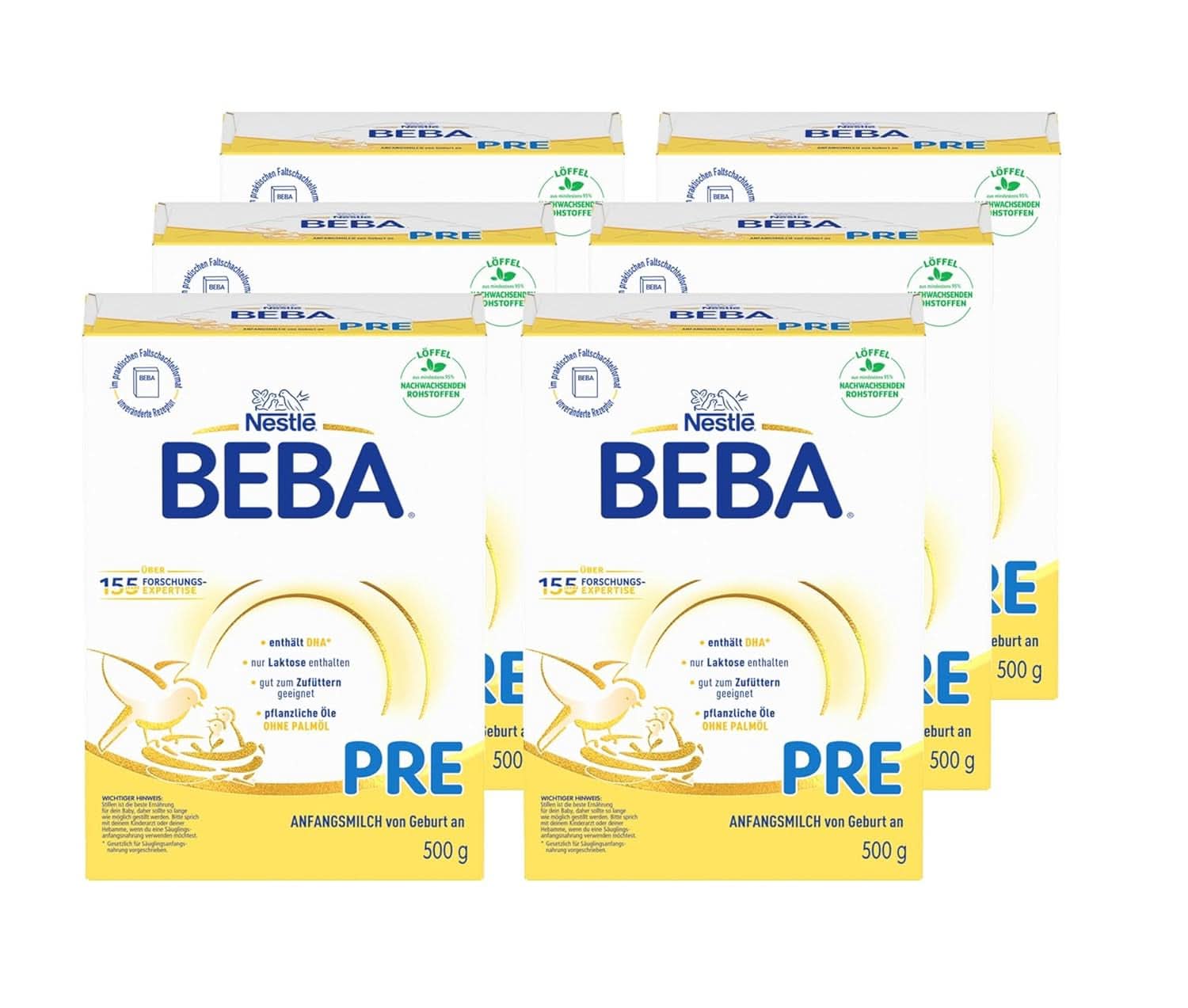 BEBA PRE Lait initial dès la naissance, aliment pour bébé avec DHA, lactose uniquement, sans huile de palme, pack 3 (3 x 800 g) Naty Shop PRE, set 6 x 500 grammes 6 x 500 grammes