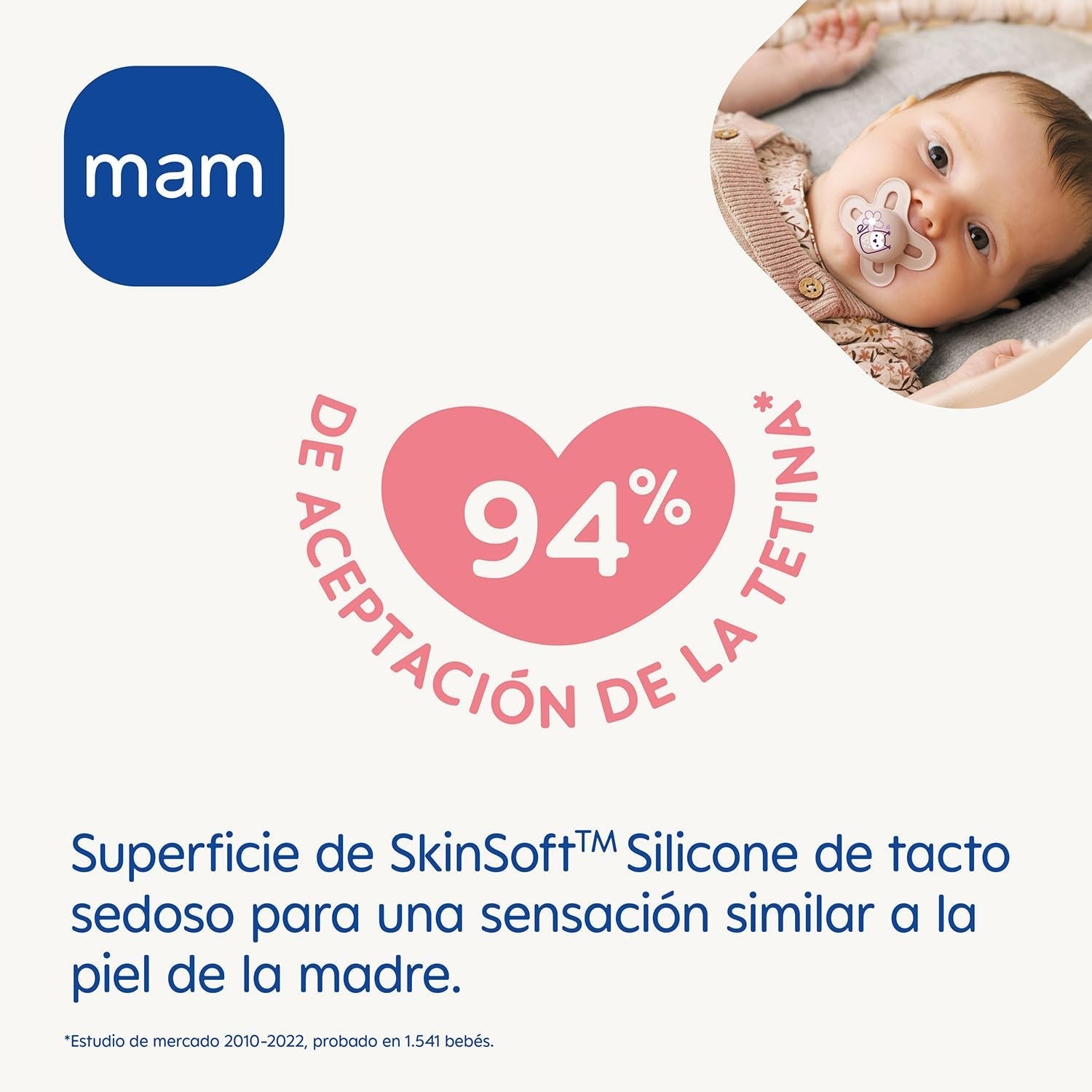 Sucette MAM à partir de 6 mois avec tétine symétrique, plate et flexible, en silicone souple, facile à utiliser, avec boîte auto-stérilisante, Originale, Bleu clair, 2 pièces