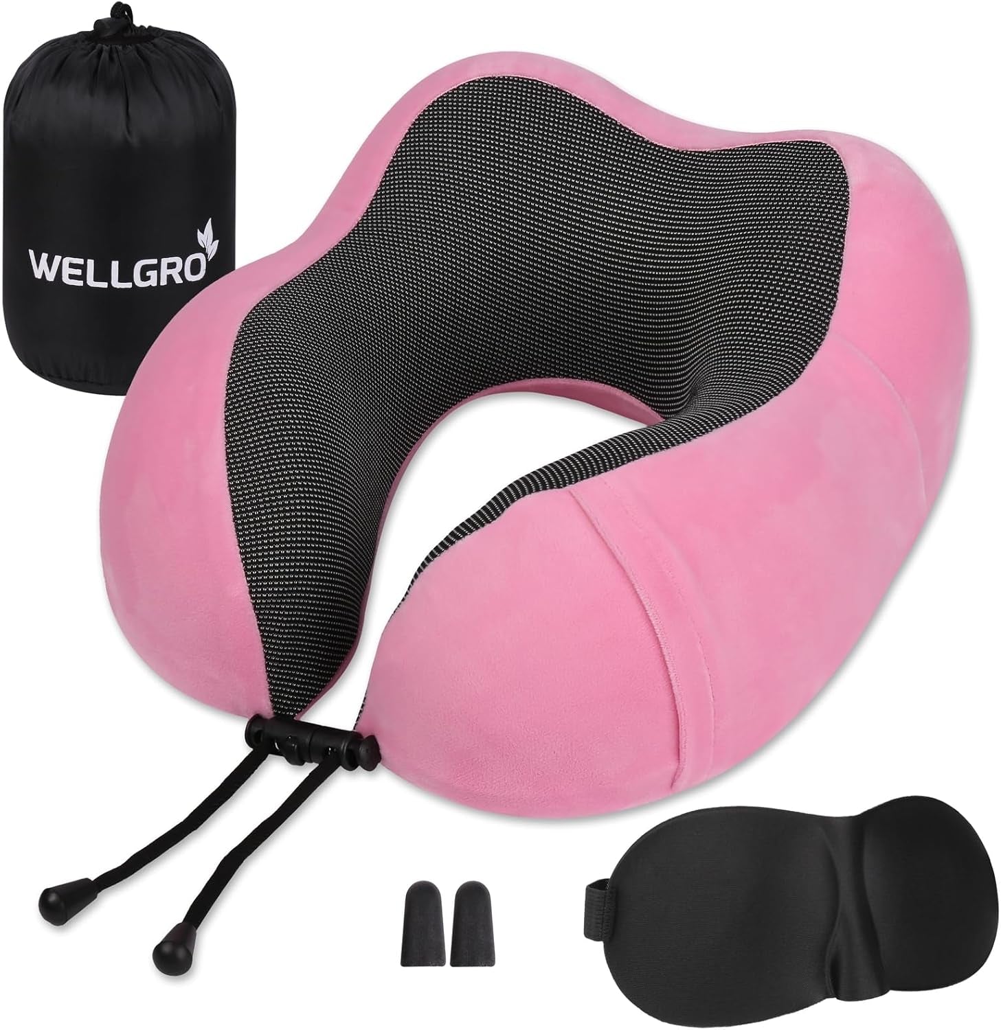 WELLGRO Ensemble d'oreillers cervicaux avec masque de sommeil 3D et bouchons d'oreilles - Housse amovible - Mousse à mémoire de forme - Fermeture à glissière - Sac de rangement inclus - Oreiller de voyage - Couleur au choix, Couleur: Gris Naty Shop Rose Oreillers cervicaux orthopédiques
