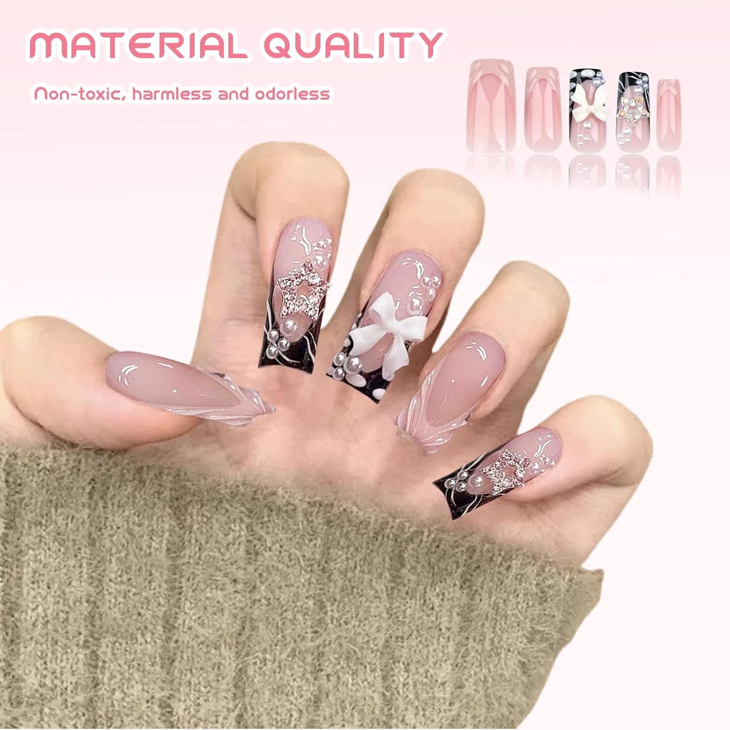24 pièces de longueur moyenne strass rose carré perle paillettes 3D faux ongles pour femmes filles