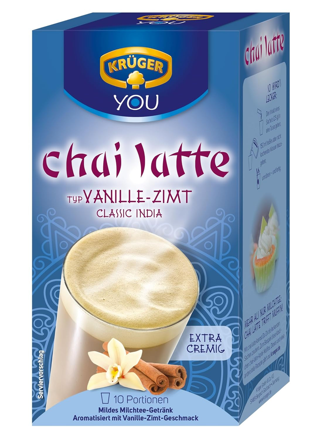KRÜGER YOU Chai Latte Vanille Cannelle, préparation instantanée pour boissons lactées, aromatisée à la vanille et à la cannelle, 250 g (10 sachets de 25 g)