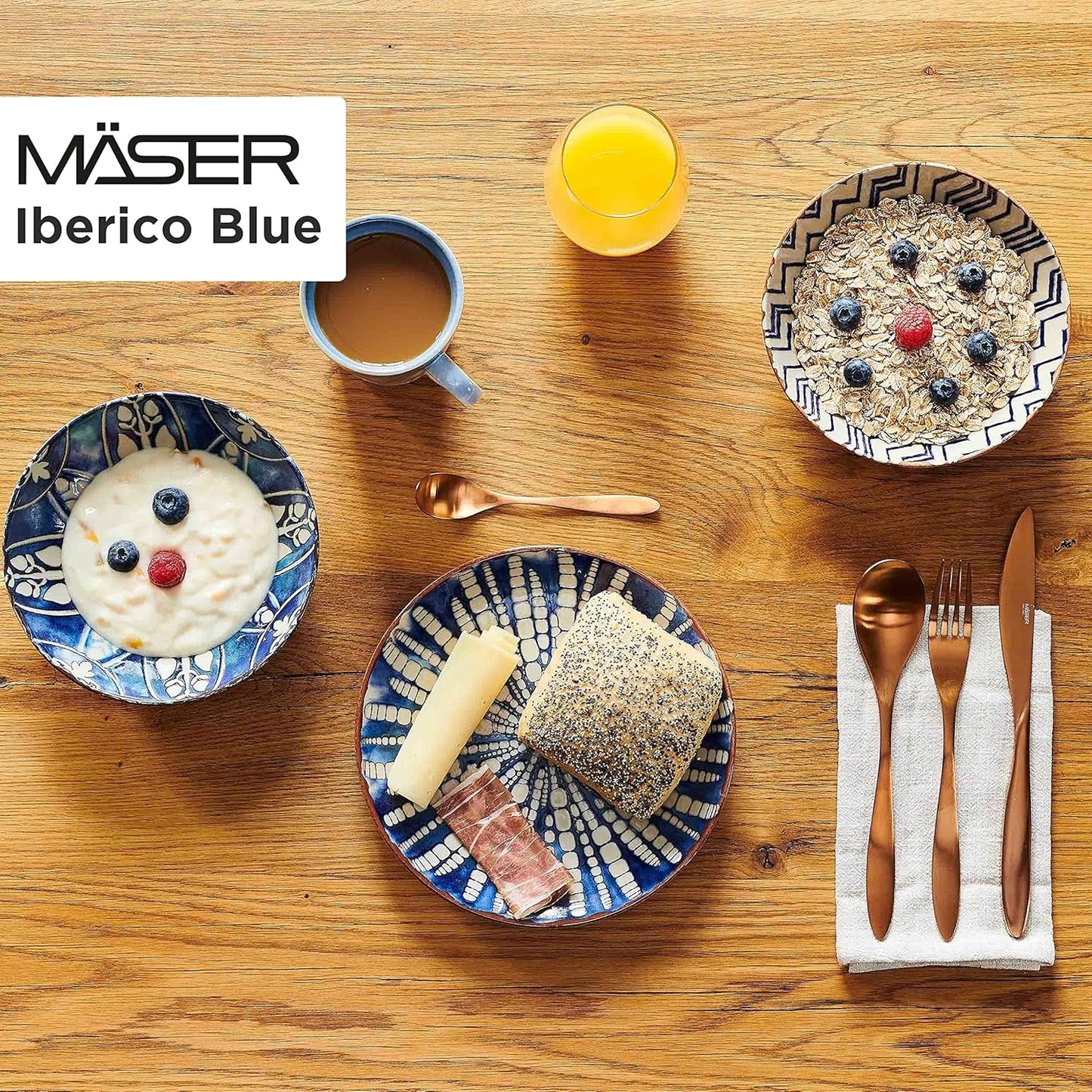 MÄSER 934017 Service de table ibérique bleu pour 4 personnes, 12 pièces, style mauresque, différents designs vintage en blanc et bleu, céramique